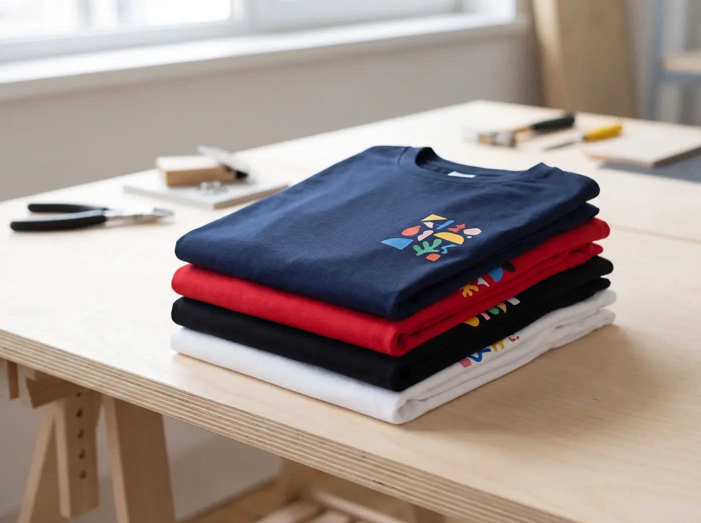 Stapel bedruckter T-Shirts in Navy, Rot, Schwarz und Weiss auf einem Werkstatttisch