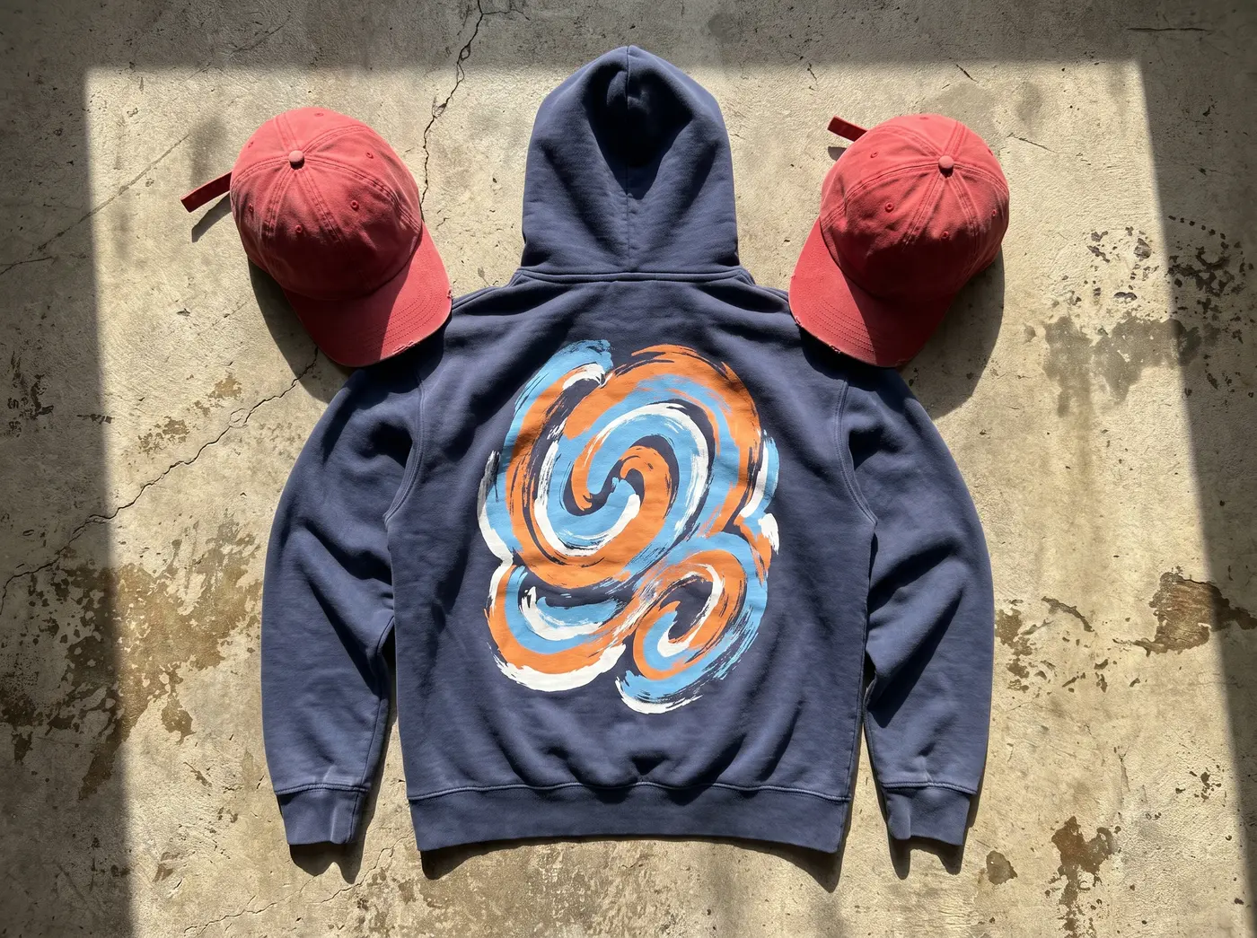 Navy Hoodie mit grossem farbigem Rückenprint, daneben rote Caps auf Beton