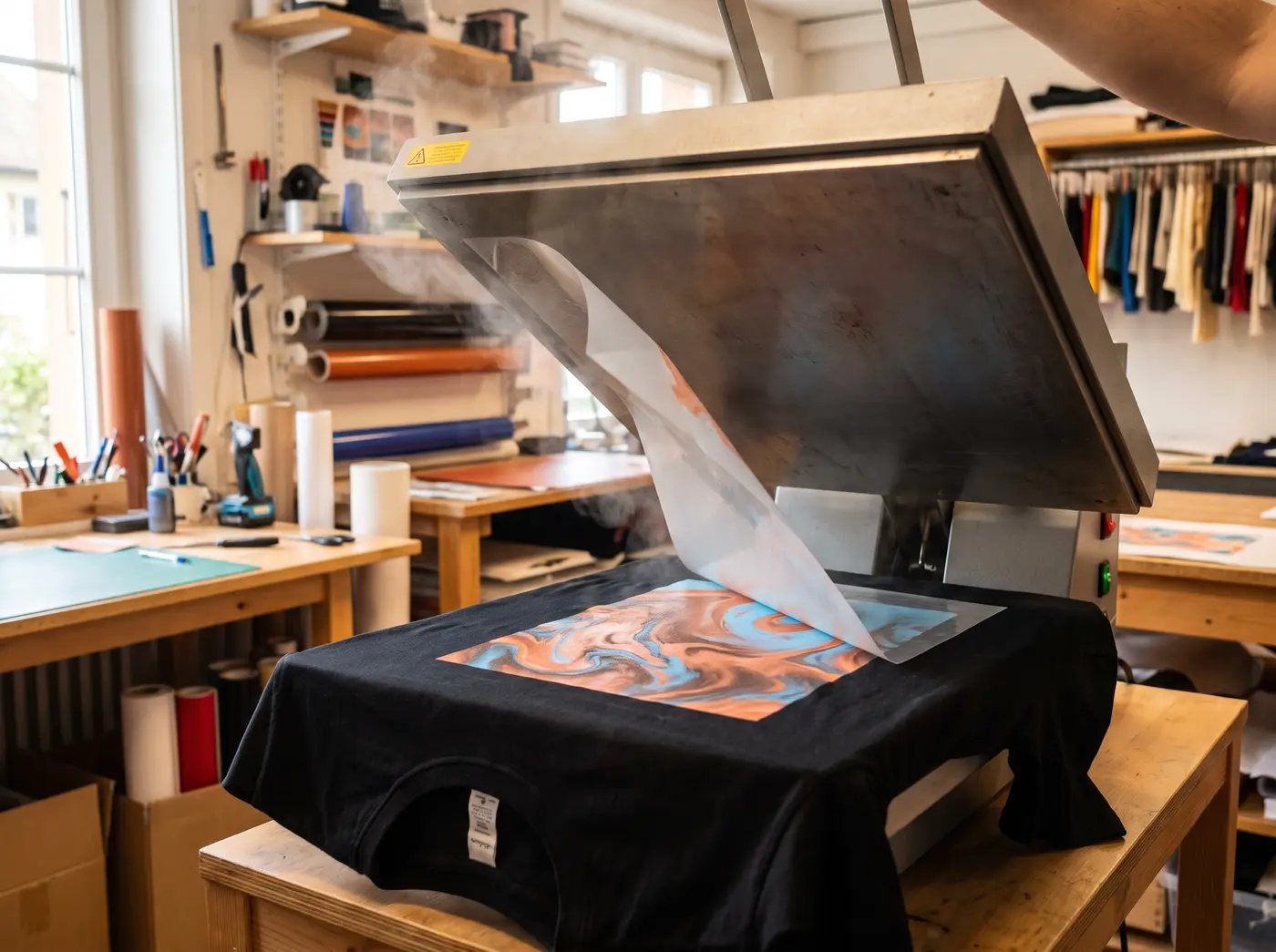 Transferpresse in einer Textildruck-Werkstatt, frisch gedrucktes Motiv auf schwarzem T-Shirt